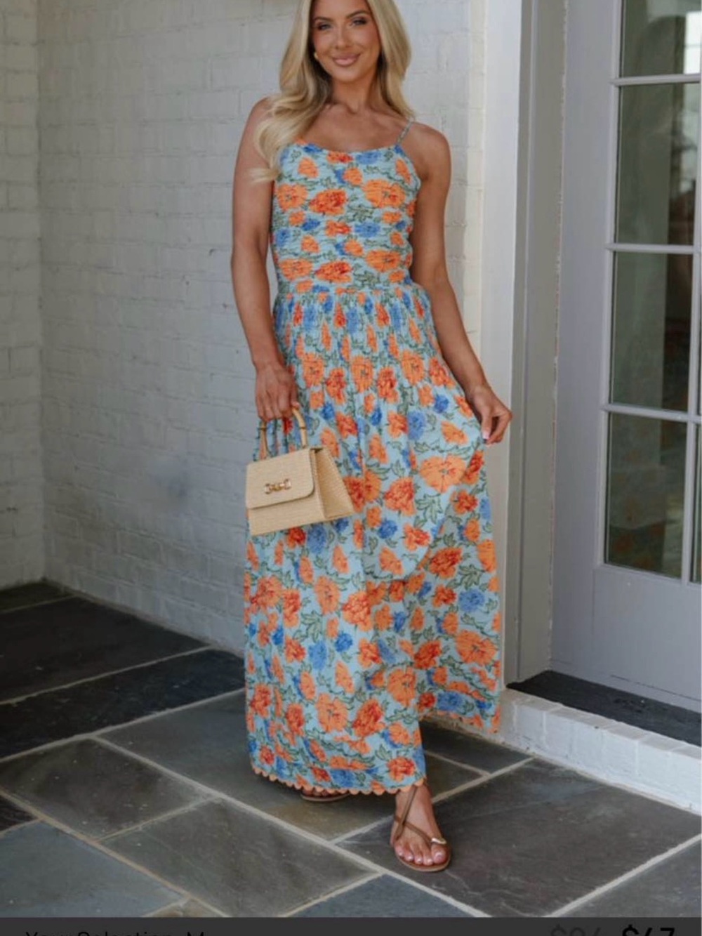 Smocked Floral Maxi Dress in Orange & Blue
